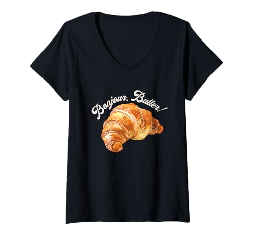 Damen Bonjour Butter Lustiger Croissant-Liebhaber der französischen Küche T-Shirt mit V-Ausschnitt Damen Bonjour Butter Lustiger Croissant-Liebhaber der französischen Küche T-Shirt mit V-Ausschnitt von Funny Family Vintage Outfit