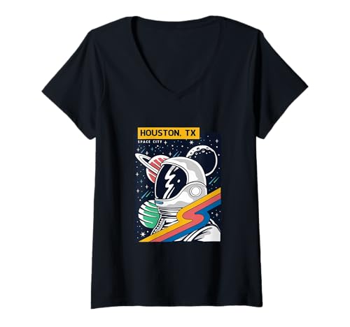 Damen EIN Astronaut im Weltraum, Cartoon-Grafik, Souvenir aus Houston, Texas T-Shirt mit V-Ausschnitt von Funny Family Vintage Outfit