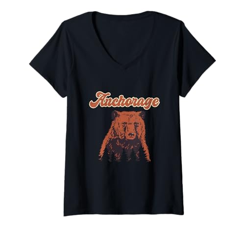 Damen EIN Bär mit Wald Silhouette Anker Alaska Vintage Retro T-Shirt mit V-Ausschnitt Damen EIN Bär mit Wald Silhouette Anker Alaska Vintage Retro T-Shirt mit V-Ausschnitt von Funny Family Vintage Outfit