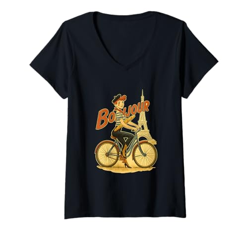 Damen EIN Elegantes Pariser Mädchen fährt EIN Fahrrad mit einem Baguette T-Shirt mit V-Ausschnitt Damen EIN Elegantes Pariser Mädchen fährt EIN Fahrrad mit einem Baguette T-Shirt mit V-Ausschnitt von Funny Family Vintage Outfit