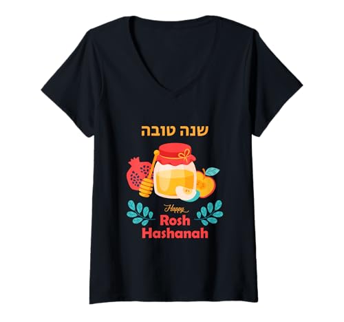 Damen Happy Rosh Hashanah Bunte jüdische Feiertagsfeier T-Shirt mit V-Ausschnitt Damen Happy Rosh Hashanah Bunte jüdische Feiertagsfeier T-Shirt mit V-Ausschnitt von Funny Family Vintage Outfit