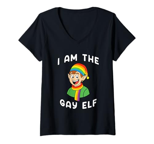 Damen Ich Bin der Schwule Elf in Regenbogenkostümen LGBTQ-Halloween-Party T-Shirt mit V-Ausschnitt von Funny Family Vintage Outfit