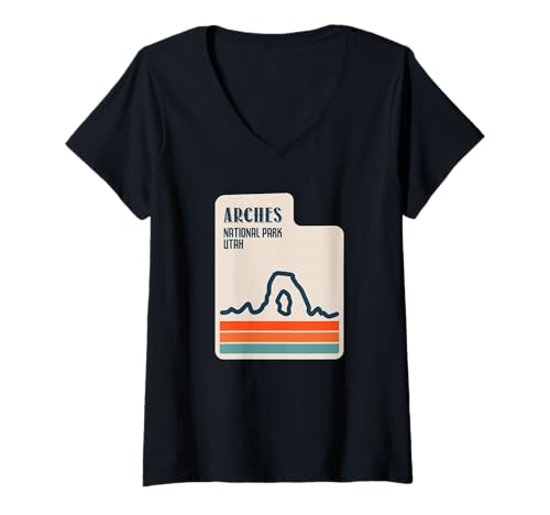 Damen Karte des Bundesstaates Utah mit filigranem Arches-Nationalpark im Retro-Look T-Shirt mit V-Ausschnitt von Funny Family Vintage Outfit