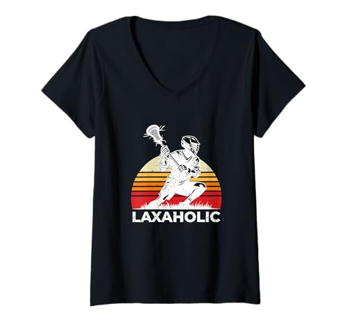 Damen Laxaholic Lacrosse Spieler mit Retro Sunset Lacrosse Lovers T-Shirt mit V-Ausschnitt von Funny Family Vintage Outfit