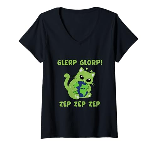 Damen Niedliche Alienkatze umarmt Erde lustige Gnarp Katze Brainrot Meme T-Shirt mit V-Ausschnitt von Funny Family Vintage Outfit