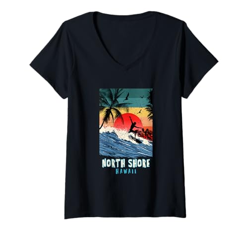 Damen North Shore Hawaii Beach Surfen Vintage Retro Palme T-Shirt mit V-Ausschnitt von Funny Family Vintage Outfit