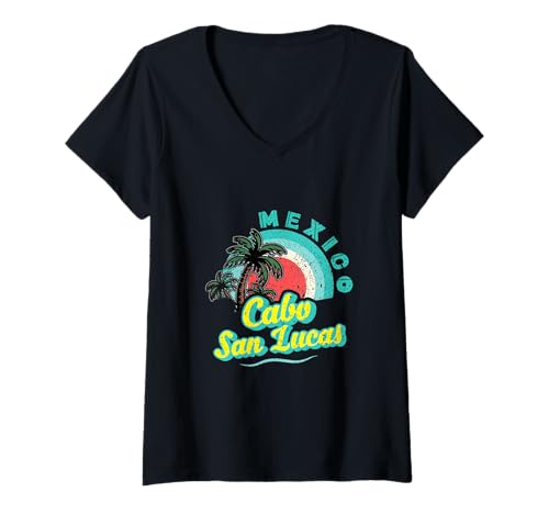 Damen Sonnenuntergang Palmen Cabo San Lucas Mexiko Urlaub Vintage T-Shirt mit V-Ausschnitt Damen Sonnenuntergang Palmen Cabo San Lucas Mexiko Urlaub Vintage T-Shirt mit V-Ausschnitt von Funny Family Vintage Outfit