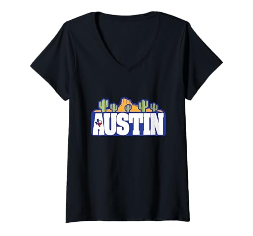 Damen Texas Wüstenlandschaft Austin Reise Retro Minimalistisch T-Shirt mit V-Ausschnitt Damen Texas Wüstenlandschaft Austin Reise Retro Minimalistisch T-Shirt mit V-Ausschnitt von Funny Family Vintage Outfit