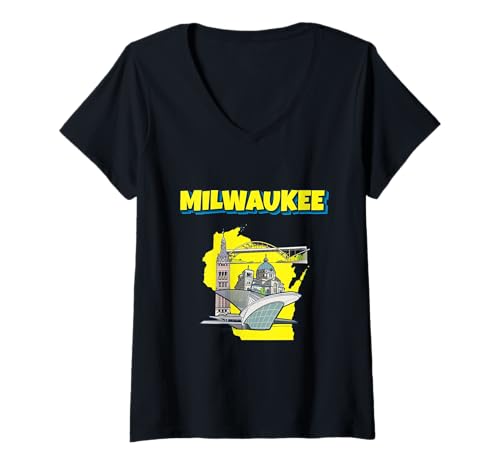 Damen Wahrzeichen von Milwaukee und Wisconsin State Map Retro-Cartoon T-Shirt mit V-Ausschnitt von Funny Family Vintage Outfit