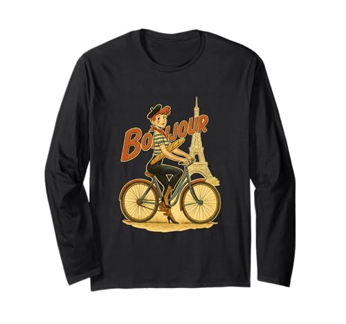EIN Elegantes Pariser Mädchen fährt EIN Fahrrad mit einem Baguette Langarmshirt von Funny Family Vintage Outfit