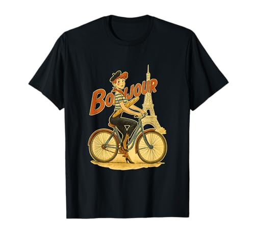 EIN Elegantes Pariser Mädchen fährt EIN Fahrrad mit einem Baguette T-Shirt EIN Elegantes Pariser Mädchen fährt EIN Fahrrad mit einem Baguette T-Shirt von Funny Family Vintage Outfit