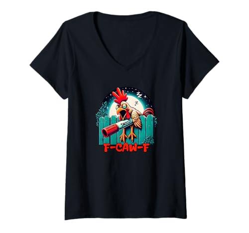 Damen F-CAW-F Lustiges Hähnchen mit Hahn und Lazy Morning Snooze T-Shirt mit V-Ausschnitt von Funny Farm Girl Farmer