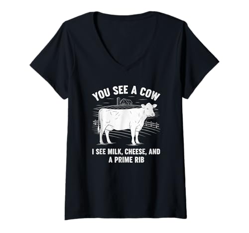 Damen Lustige Farmer passende Grafik You See a Cow, I See Milk... T-Shirt mit V-Ausschnitt von Funny Farmer Novelty Apparel