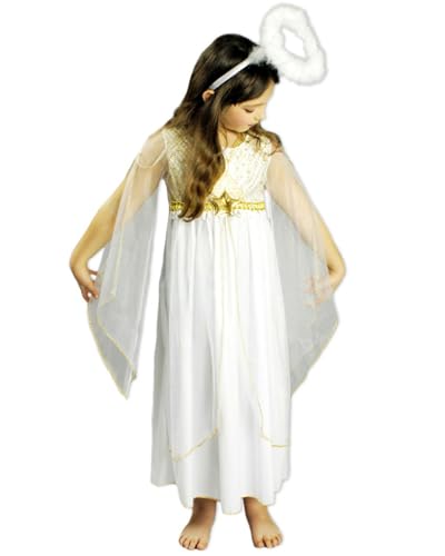Funny Fashion Kinder Engelskostüm Lucia mit Sternen | Weiß Gold - Christkind Kostümkleid mit Sternen Weihnachten Adventszeit Kinderkostüm Christkind Mädchen Heiligabend Krippenspiel 140 von Funny Fashion