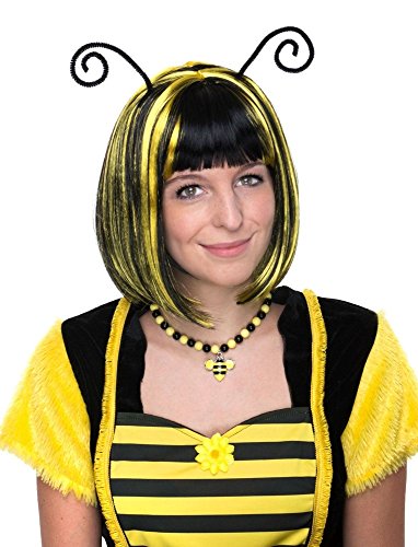 Funny Fashion Perücke zum Bienen Kostüm mit Fühlern - Schwarz Gelb - Schöne Kurzhaar Bob Perücke gestreift zu Karneval Mottoparty Festival Junggesellenabschied von Funny Fashion