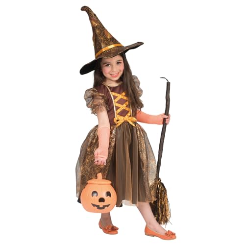 Hexen Kostüm Autumn für Mädchen | Braun Orange - Glitzer Kinderkostüm Hexenhut Kinderkleid Halloween Walpurgisnacht Karneval Fasching Witch Spinnennetz Spinnen 104 von Funny Fashion