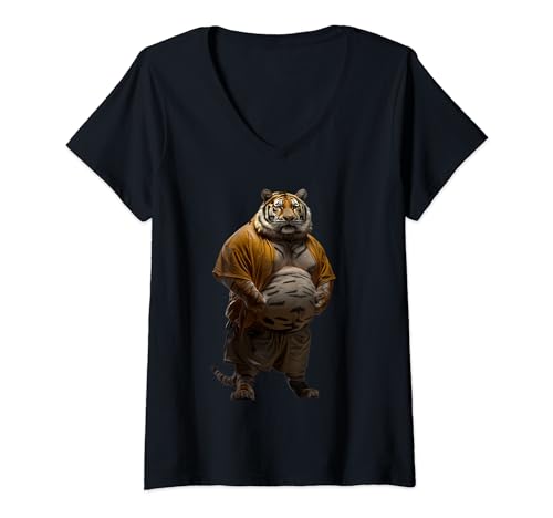 Damen Fetter Tiger T-Shirt mit V-Ausschnitt Damen Fetter Tiger T-Shirt mit V-Ausschnitt von Funny Fat Animals Tiger Design