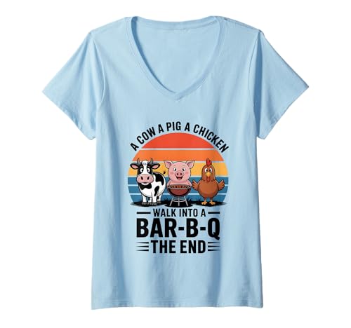 Damen Eine Kuh, EIN Schwein und EIN Huhn gehen in eine Bar. BBQ Father Grill T-Shirt mit V-Ausschnitt Damen Eine Kuh, EIN Schwein und EIN Huhn gehen in eine Bar. BBQ Father Grill T-Shirt mit V-Ausschnitt von Funny Father's Day BBQ Tee Cow Pig Chicken Joke