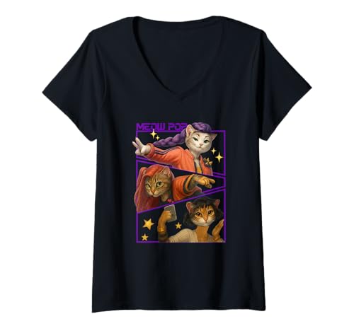 Damen Niedliches Trio Cat Warriors Parodie Retro Ästhetik T-Shirt mit V-Ausschnitt Damen Niedliches Trio Cat Warriors Parodie Retro Ästhetik T-Shirt mit V-Ausschnitt von Funny Feline Cat Parody Fighters Fantasy