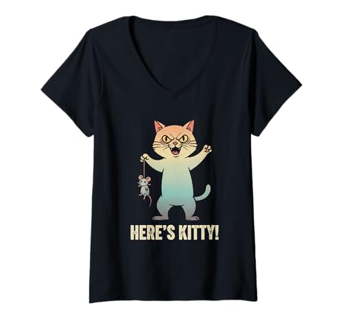 Damen Here's Kitty Lustige Katze Maus Katze Kätzchen Humor Grafik T-Shirt mit V-Ausschnitt Damen Here's Kitty Lustige Katze Maus Katze Kätzchen Humor Grafik T-Shirt mit V-Ausschnitt von Funny Feline Merch