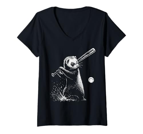 Damen Frettchen Baseball Sport Tierliebhaber T-Shirt mit V-Ausschnitt Damen Frettchen Baseball Sport Tierliebhaber T-Shirt mit V-Ausschnitt von Funny Ferret Baseball Player Pet Designs