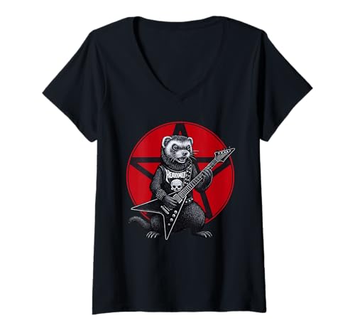 Damen Frettchen Heavy Metal Gitarre Rock Pet Lover T-Shirt mit V-Ausschnitt von Funny Ferret Death Metal Music Pet Designs