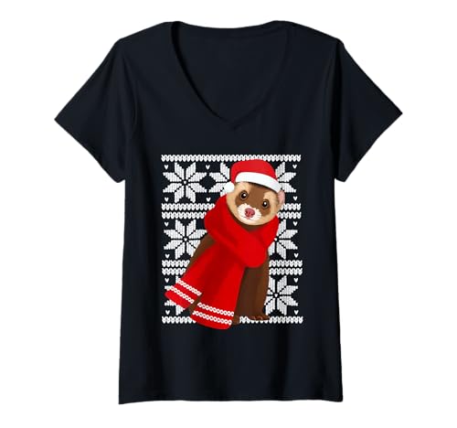 Damen Frettchen Hässliche Weihnachten Urlaub Haustier Liebhaber T-Shirt mit V-Ausschnitt Damen Frettchen Hässliche Weihnachten Urlaub Haustier Liebhaber T-Shirt mit V-Ausschnitt von Funny Ferret Festive Pet Designs