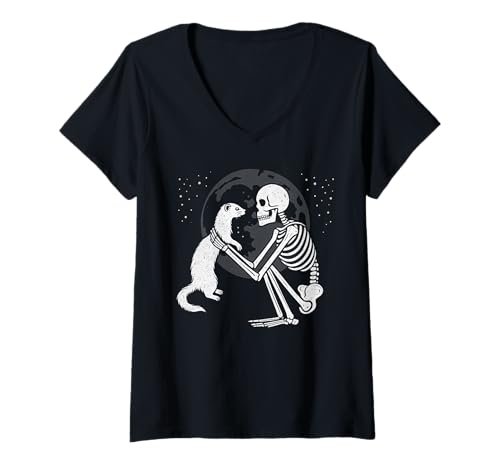 Damen Frettchen Skelett Mond Halloween Tierliebhaber T-Shirt mit V-Ausschnitt Damen Frettchen Skelett Mond Halloween Tierliebhaber T-Shirt mit V-Ausschnitt von Funny Ferret Gothic Pet Designs