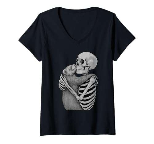 Damen Frettchen Skelett Umarmung Halloween Tierliebhaber T-Shirt mit V-Ausschnitt Damen Frettchen Skelett Umarmung Halloween Tierliebhaber T-Shirt mit V-Ausschnitt von Funny Ferret Gothic Pet Designs