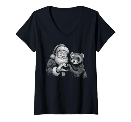 Damen Frettchen Weihnachtsmann Herzform Weihnachten Haustier Liebhaber T-Shirt mit V-Ausschnitt von Funny Ferret Holiday Pet Designs