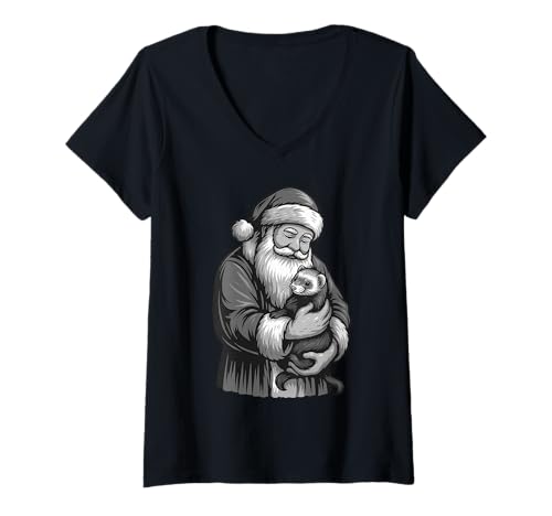 Damen Frettchen Weihnachtsmann Weihnachten Haustier Liebhaber T-Shirt mit V-Ausschnitt von Funny Ferret Holiday Pet Designs
