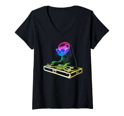 Damen Frettchen DJ Musik Party Tierliebhaber T-Shirt mit V-Ausschnitt Damen Frettchen DJ Musik Party Tierliebhaber T-Shirt mit V-Ausschnitt von Funny Ferret House Music Pet Designs
