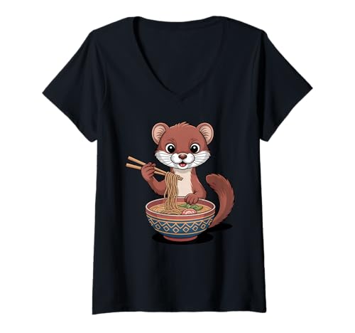 Damen Niedliches Frettchen frisst Ramen japanische Kawaii-Tiernudeln T-Shirt mit V-Ausschnitt Damen Niedliches Frettchen frisst Ramen japanische Kawaii-Tiernudeln T-Shirt mit V-Ausschnitt von Funny Ferret Ramen Lover Apparel