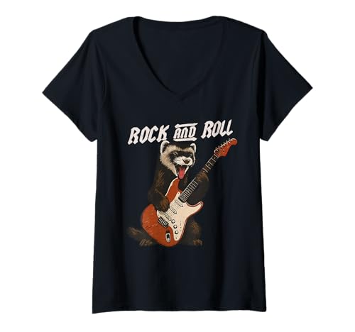 Damen Frettchen spielt Gitarre Rock and Roll Pet Lover T-Shirt mit V-Ausschnitt Damen Frettchen spielt Gitarre Rock and Roll Pet Lover T-Shirt mit V-Ausschnitt von Funny Ferret Rock Music Pet Designs