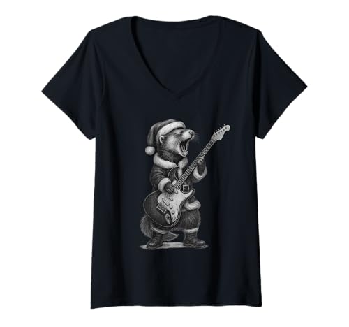 Damen Frettchen spielt Gitarre Weihnachten Pet Lover T-Shirt mit V-Ausschnitt Damen Frettchen spielt Gitarre Weihnachten Pet Lover T-Shirt mit V-Ausschnitt von Funny Ferret Rock Music Pet Designs