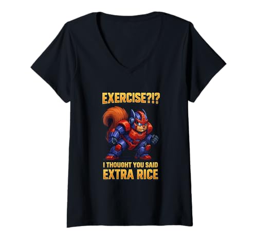 Damen Superhelden-Eichhörnchen Lustiges Extra Reis Zitat Mecha Rüstung T-Shirt mit V-Ausschnitt Damen Superhelden-Eichhörnchen Lustiges Extra Reis Zitat Mecha Rüstung T-Shirt mit V-Ausschnitt von Funny Filipino EZ Merch Co