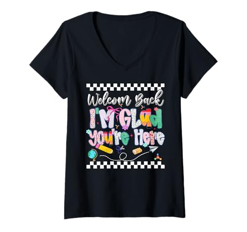 Damen Preppy Willkommen zurück Ich freue Mich, DASS du Wieder Hier bist, um zur Schule zu gehen T-Shirt mit V-Ausschnitt von Funny First Day Of School Girls Kids Outfit