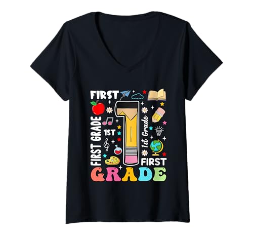 Damen Bleistift 1 First Grade Back to School Teachers Kids T-Shirt mit V-Ausschnitt von Funny First Day Of School