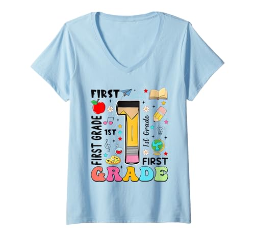 Damen Bleistift 1 First Grade First Day of School Teachers Kids T-Shirt mit V-Ausschnitt von Funny First Day Of School