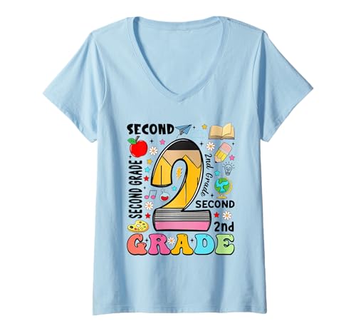 Damen Bleistift 2 Second Grade First Day of School Teachers Kids T-Shirt mit V-Ausschnitt von Funny First Day Of School