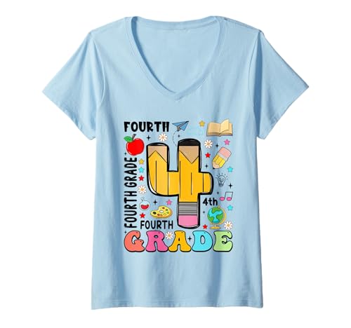 Damen Bleistift 4 vierte Klasse erster Schultag Lehrer Kinder T-Shirt mit V-Ausschnitt von Funny First Day Of School