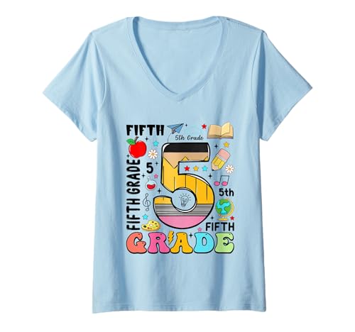 Damen Bleistift 5 Fifth Grade First Day of School Teachers Kids T-Shirt mit V-Ausschnitt von Funny First Day Of School