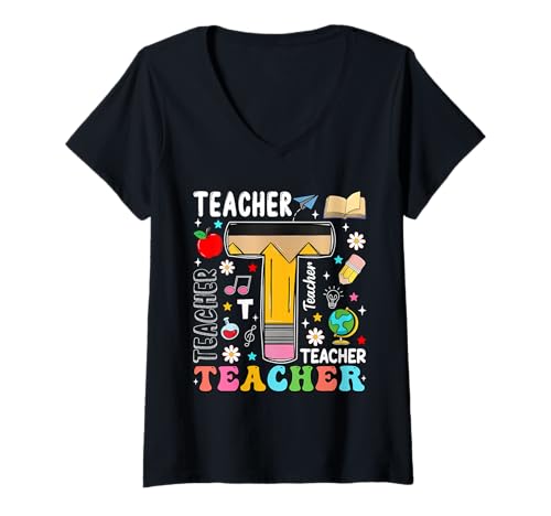 Damen Pencil T Lustiger Lehrer Erster Schultag Lehrer Kinder T-Shirt mit V-Ausschnitt von Funny First Day Of School