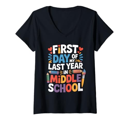 Damen Erster Tag meines letzten Jahres in der Mittelschule Lustige 8. Klasse T-Shirt mit V-Ausschnitt Damen Erster Tag meines letzten Jahres in der Mittelschule Lustige 8. Klasse T-Shirt mit V-Ausschnitt von Funny First Day of My Last Year Back To School Kid