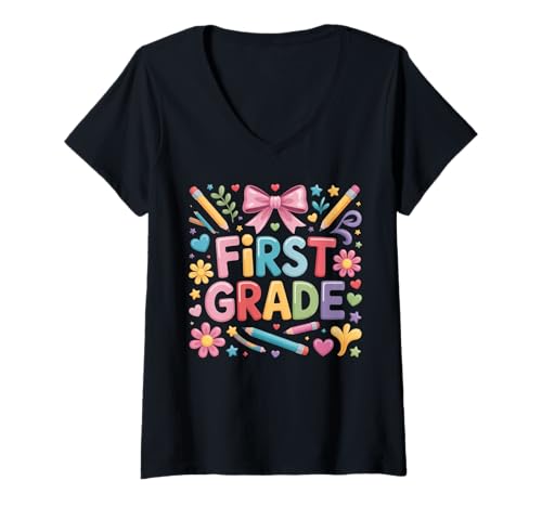 Damen Hallo Erste Klasse, lustige Lehrer für den Schulanfang der 1. Klasse T-Shirt mit V-Ausschnitt Damen Hallo Erste Klasse, lustige Lehrer für den Schulanfang der 1. Klasse T-Shirt mit V-Ausschnitt von Funny First Grade Back To School Costume Gifts