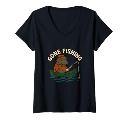 Damen Gone Fishing Seekuh Boot, humorvolles Design T-Shirt mit V-Ausschnitt von Funny Fishing Animal Outdoor Apparel Co