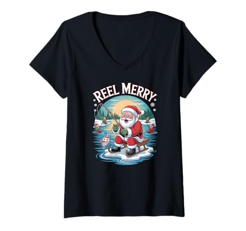 Damen Reel Frohe, lustige Weihnachten, Angeln, Weihnachtsmann T-Shirt mit V-Ausschnitt von Funny Fishing Apparel Gifts by Anastasia