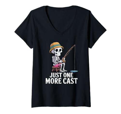 Damen Lustiges Skelett Angeln Just More Cast Zitat T-Shirt mit V-Ausschnitt Damen Lustiges Skelett Angeln Just More Cast Zitat T-Shirt mit V-Ausschnitt von Funny Fishing - DressedForDuty