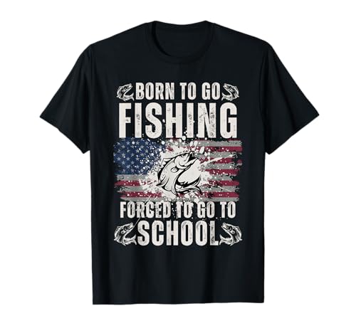 Lustige Born to Go Fishing Forced School Damen Herren Kinder Flagge T-Shirt von Funny Fishing Flag lovers boys kids men fisherman