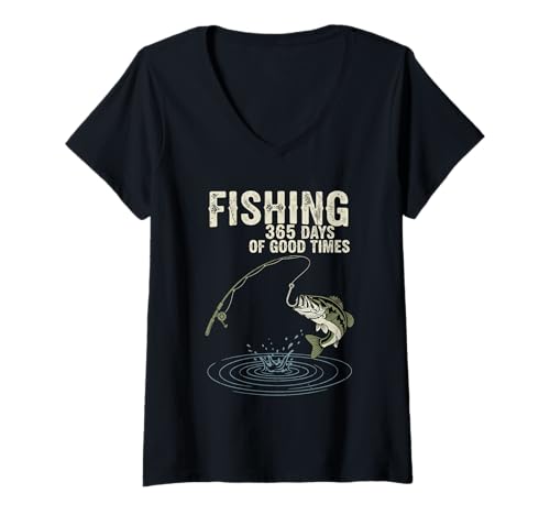 Damen Angeln Angler Fisherman Bass Distressed Vintage Grafik T-Shirt mit V-Ausschnitt von Funny Fishing Merch